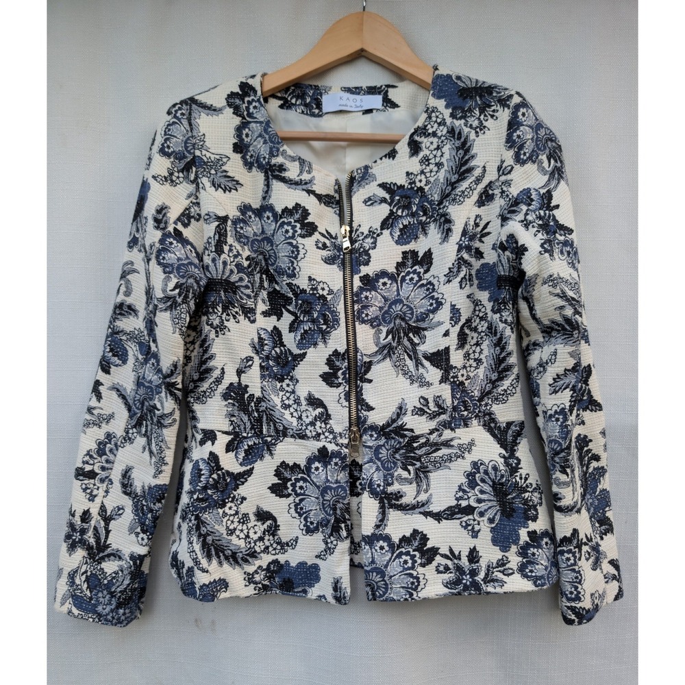Kaos Made in Italy Blue Floral Tapestry Peplum Zip Jacket Blazer Sz 42 Old Money